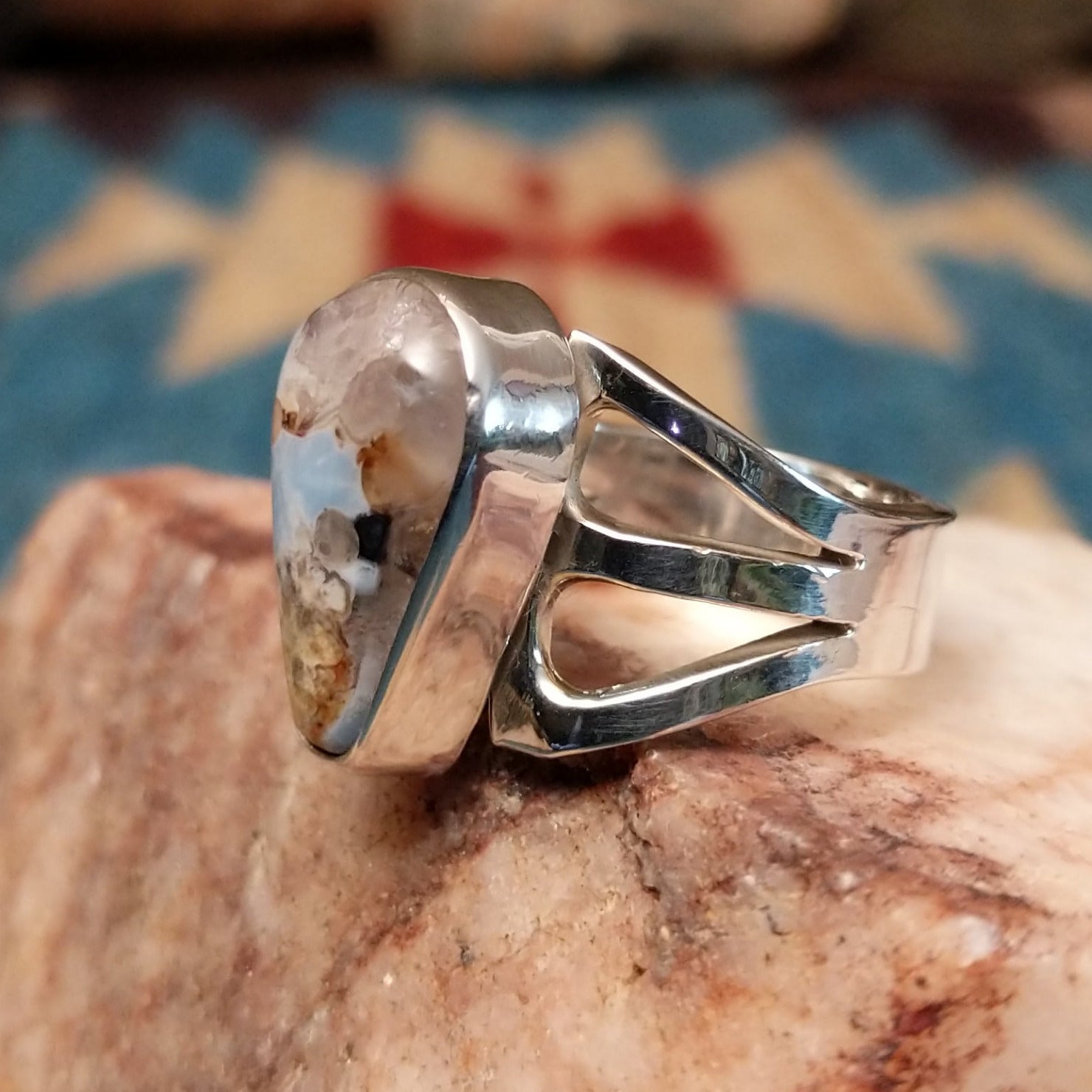 Sterling silver ring with Arizona blue opal set in the teardrop bezel.