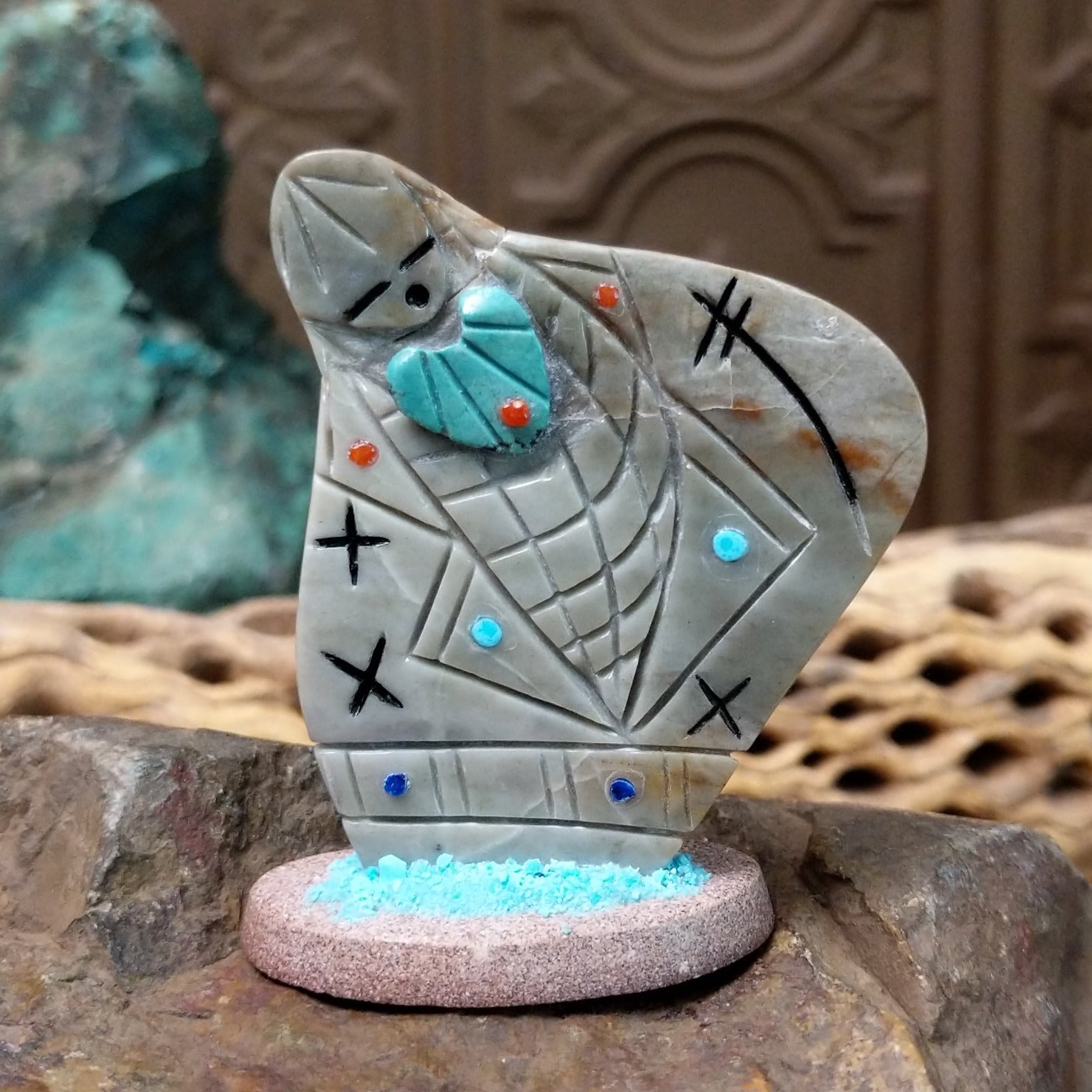 Corn Maiden Zuni fetish carving by Vickie Quandelacy with carved turquoise corn motif and turquoise, coral, and lapis inlay accents.