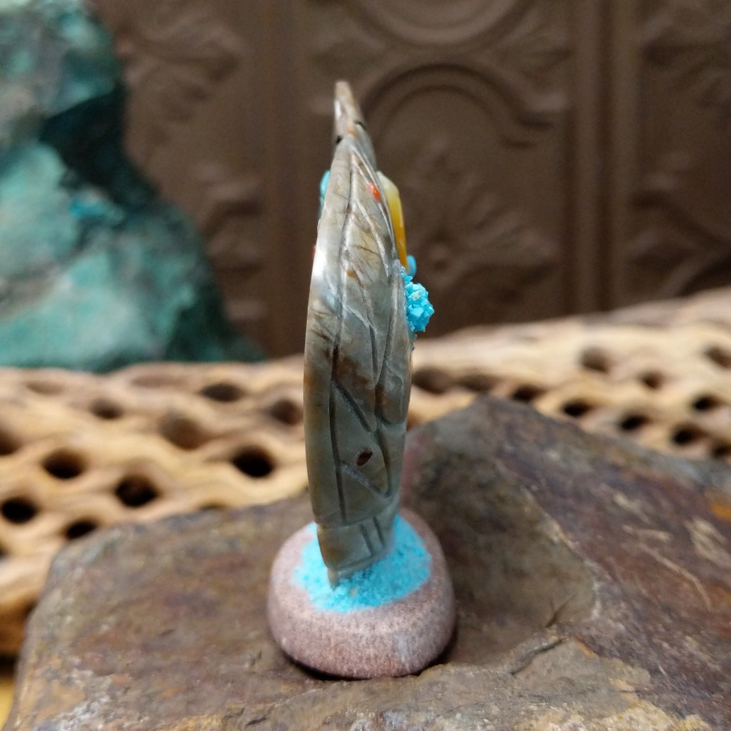 Corn Maiden Zuni fetish carving by Vickie Quandelacy with carved turquoise corn motif and turquoise, coral, and lapis inlay accents.