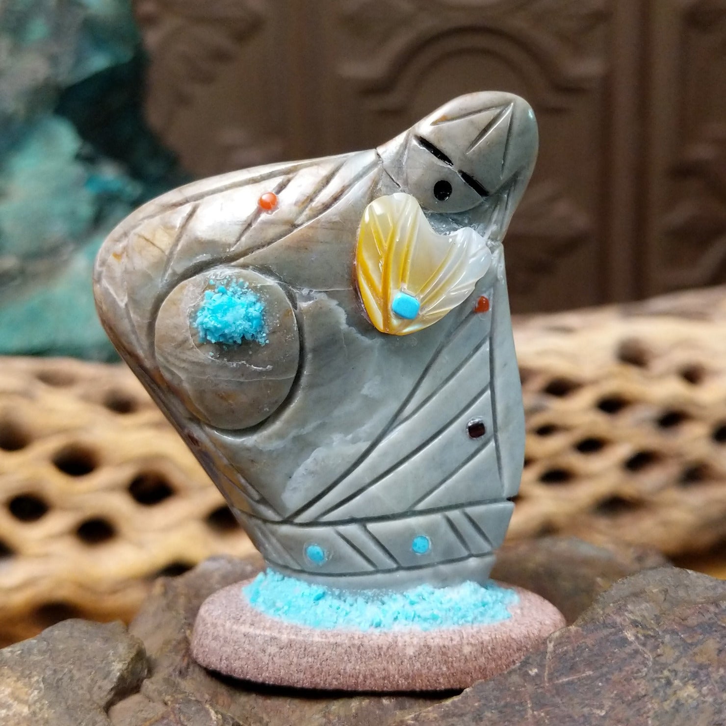 Corn Maiden Zuni fetish carving by Vickie Quandelacy with carved turquoise corn motif and turquoise, coral, and lapis inlay accents.