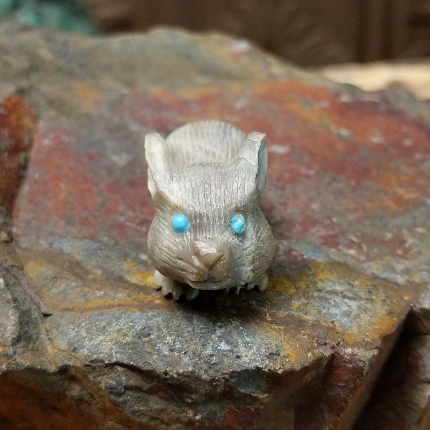 Zuni rabbit fetish carving by Bernie Laselute with carved fur texture and turquoise inlaid eyes.