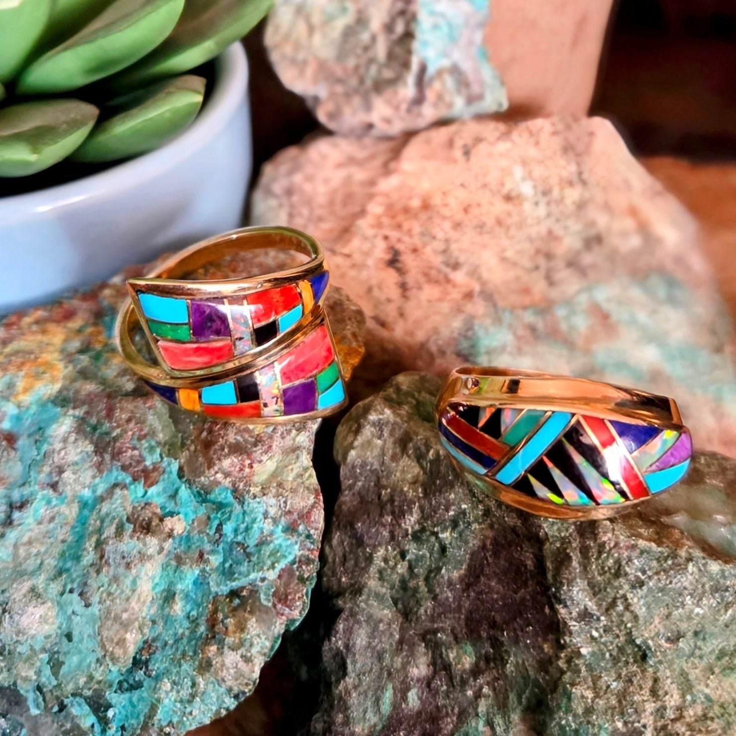 Vibrant 14K gold inlay jewelry featuring colorful turquoise, coral, and multi-stone designs. 