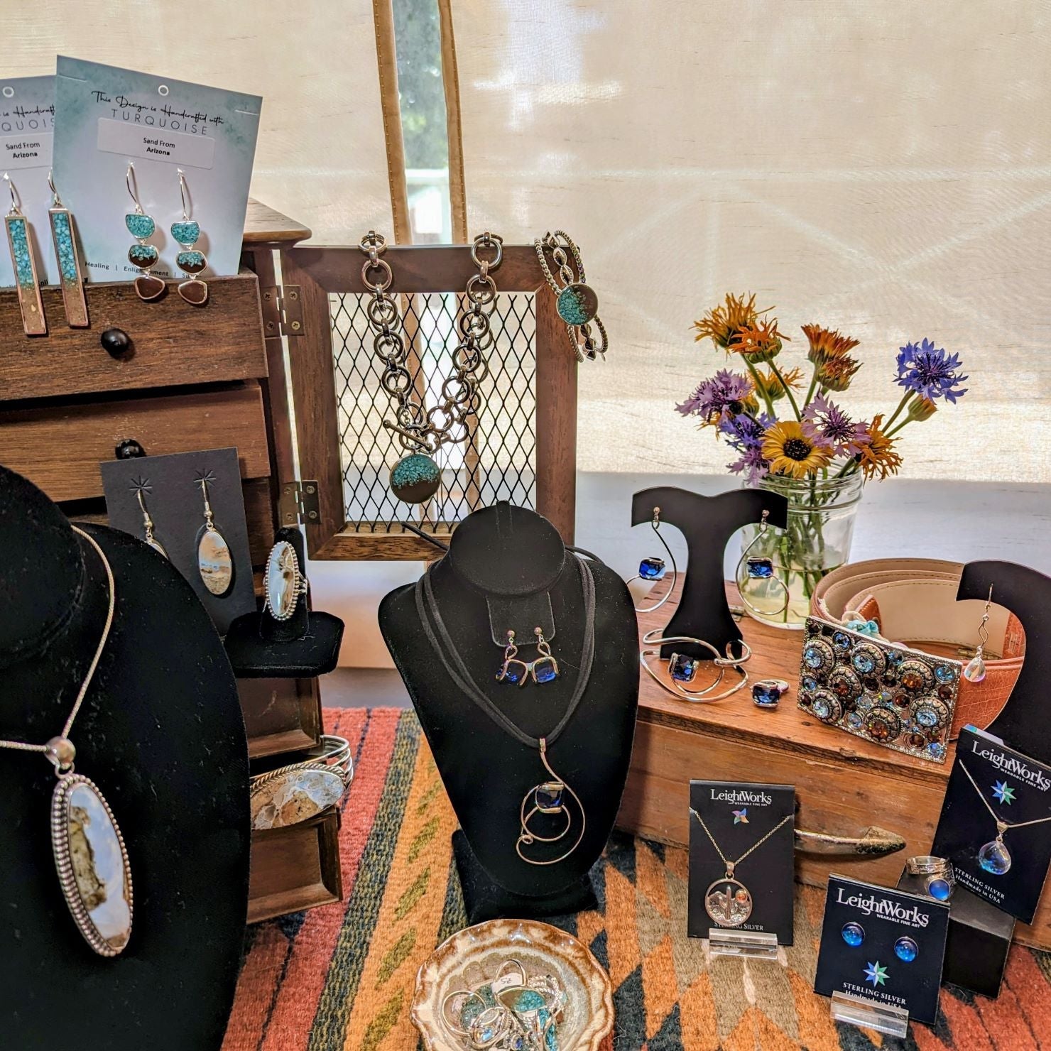 Variety of vibrant monali crystal, blue opal, sand jewelry, turquoise and more.