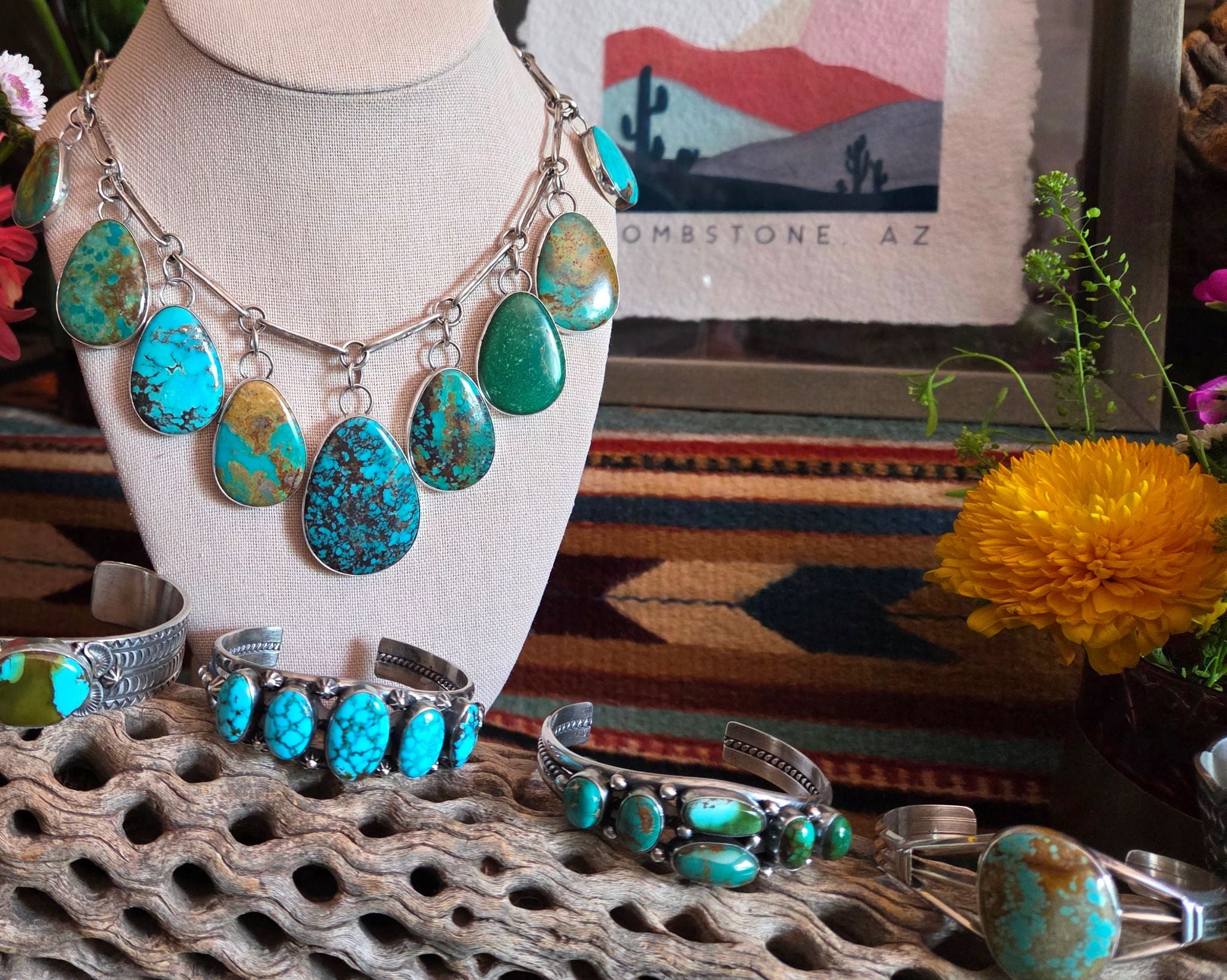Native American made sterling silver and multi Turquoise necklace and cuffs
